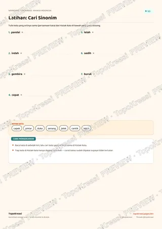 Cuplikan preview halaman 2 worksheet Sinonim dan Antonim Sederhana — resolusi rendah bertanda air, bukan file final