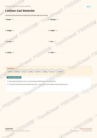 Cuplikan preview halaman 3 worksheet Sinonim dan Antonim Sederhana — resolusi rendah bertanda air, bukan file final