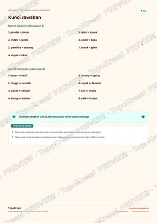 Cuplikan preview halaman 4 worksheet Sinonim dan Antonim Sederhana — resolusi rendah bertanda air, bukan file final