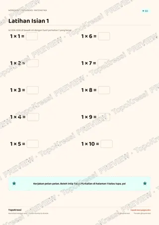 Cuplikan preview halaman 2 worksheet Tabel Perkalian 1 — resolusi rendah bertanda air, bukan file final