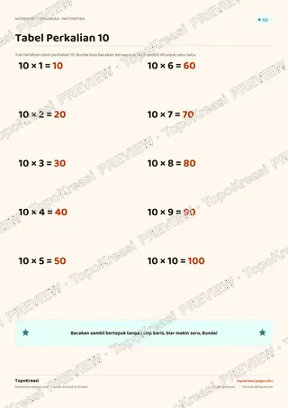 Cuplikan preview halaman 1 worksheet Tabel Perkalian 10 — resolusi rendah bertanda air, bukan file final