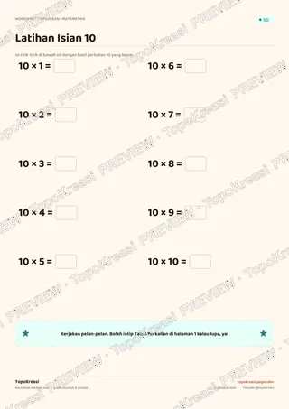 Cuplikan preview halaman 2 worksheet Tabel Perkalian 10 — resolusi rendah bertanda air, bukan file final