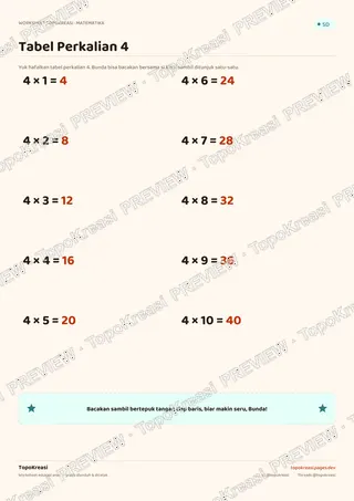 Cuplikan preview halaman 1 worksheet Tabel Perkalian 4 — resolusi rendah bertanda air, bukan file final