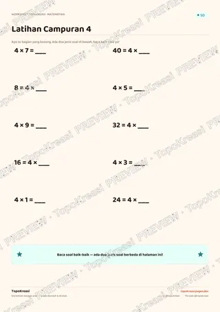 Cuplikan preview halaman 3 worksheet Tabel Perkalian 4 — resolusi rendah bertanda air, bukan file final