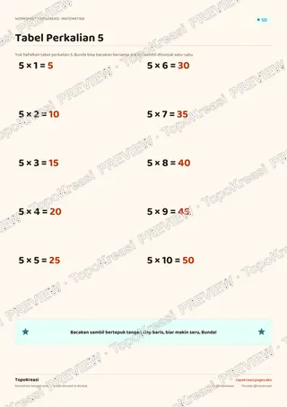 Cuplikan preview halaman 1 worksheet Tabel Perkalian 5 — resolusi rendah bertanda air, bukan file final