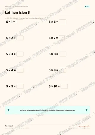 Cuplikan preview halaman 2 worksheet Tabel Perkalian 5 — resolusi rendah bertanda air, bukan file final