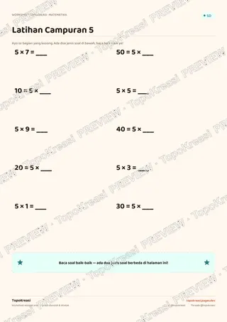 Cuplikan preview halaman 3 worksheet Tabel Perkalian 5 — resolusi rendah bertanda air, bukan file final