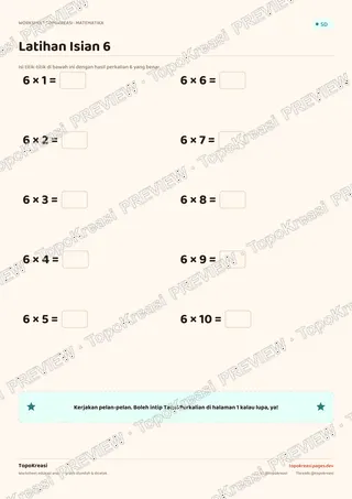 Cuplikan preview halaman 2 worksheet Tabel Perkalian 6 — resolusi rendah bertanda air, bukan file final