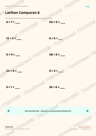 Cuplikan preview halaman 3 worksheet Tabel Perkalian 6 — resolusi rendah bertanda air, bukan file final
