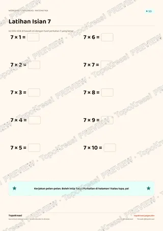 Cuplikan preview halaman 2 worksheet Tabel Perkalian 7 — resolusi rendah bertanda air, bukan file final