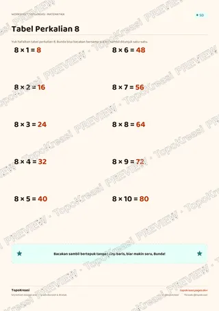 Cuplikan preview halaman 1 worksheet Tabel Perkalian 8 — resolusi rendah bertanda air, bukan file final