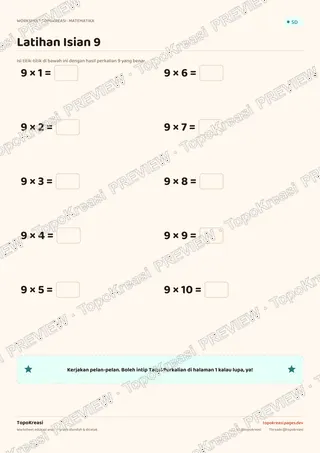 Cuplikan preview halaman 2 worksheet Tabel Perkalian 9 — resolusi rendah bertanda air, bukan file final