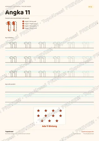 Cuplikan preview halaman 1 worksheet Tracing Angka 11–20 — resolusi rendah bertanda air, bukan file final