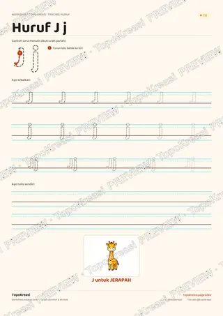Cuplikan preview halaman 1 worksheet Tracing Huruf J–R — resolusi rendah bertanda air, bukan file final