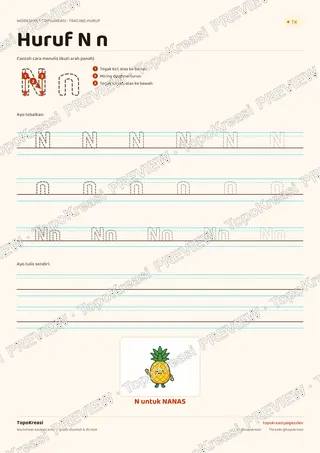 Cuplikan preview halaman 5 worksheet Tracing Huruf J–R — resolusi rendah bertanda air, bukan file final