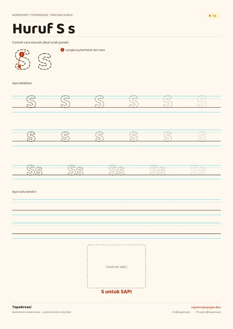 Preview worksheet Tracing Huruf S–Z