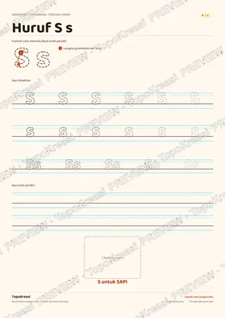 Cuplikan preview halaman 1 worksheet Tracing Huruf S–Z — resolusi rendah bertanda air, bukan file final