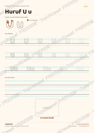 Cuplikan preview halaman 3 worksheet Tracing Huruf S–Z — resolusi rendah bertanda air, bukan file final