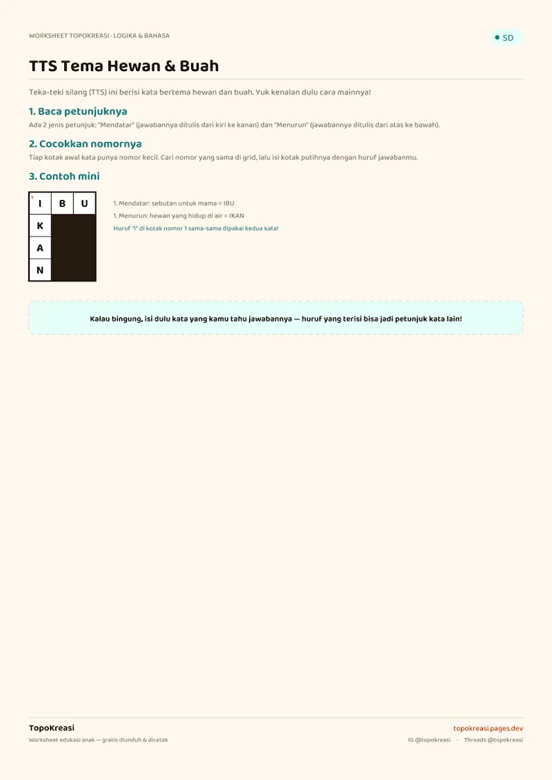 Preview worksheet TTS Tema Hewan & Buah