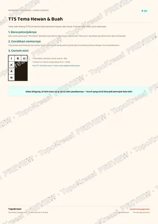 Cuplikan preview halaman 1 worksheet TTS Tema Hewan & Buah — resolusi rendah bertanda air, bukan file final
